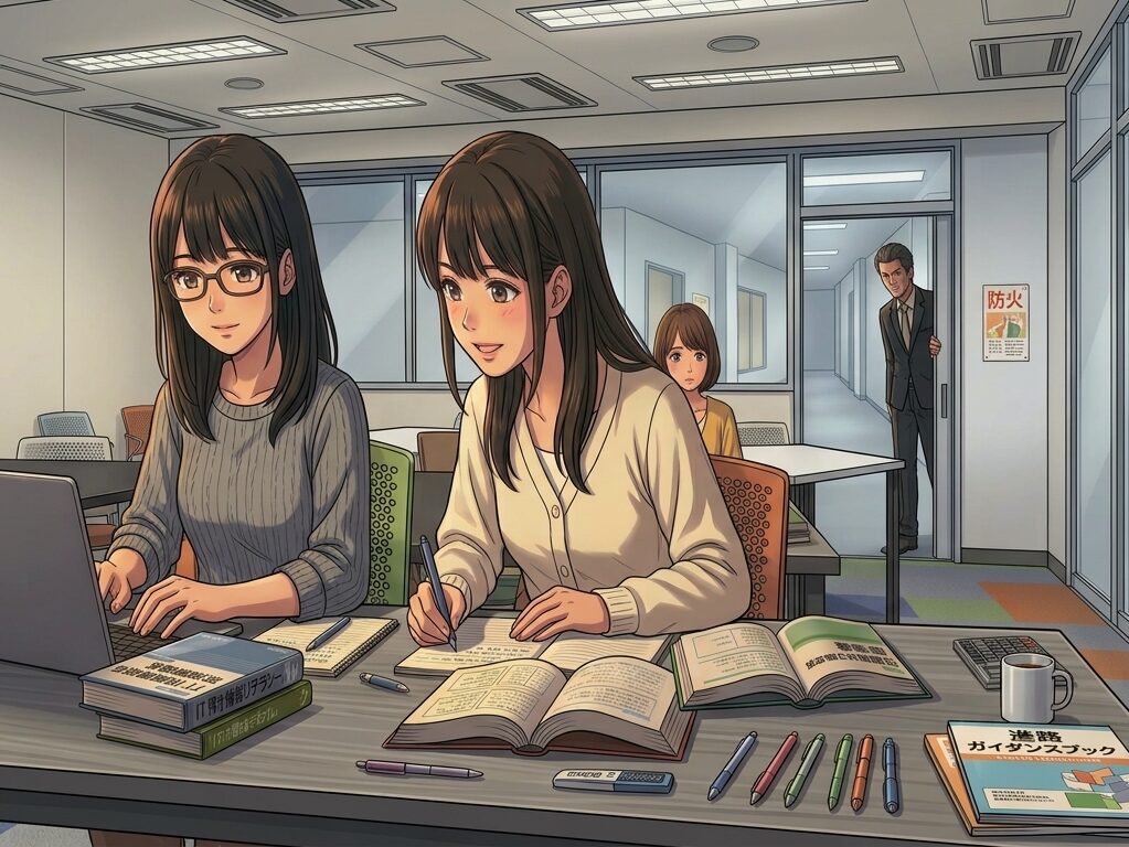 自習する2人(H&T)と,それを見守るために廊下から2人を見るT先生のイメージ図